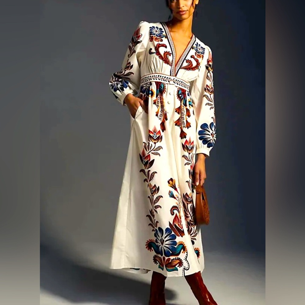 Anthropologie Farm Rio V-Neck Maxi Dress Floral White Folk Boho Size S